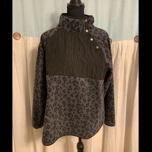J.Crew Quilted Button Neck Sherpa Fleece Black Leopard Print Size Medium